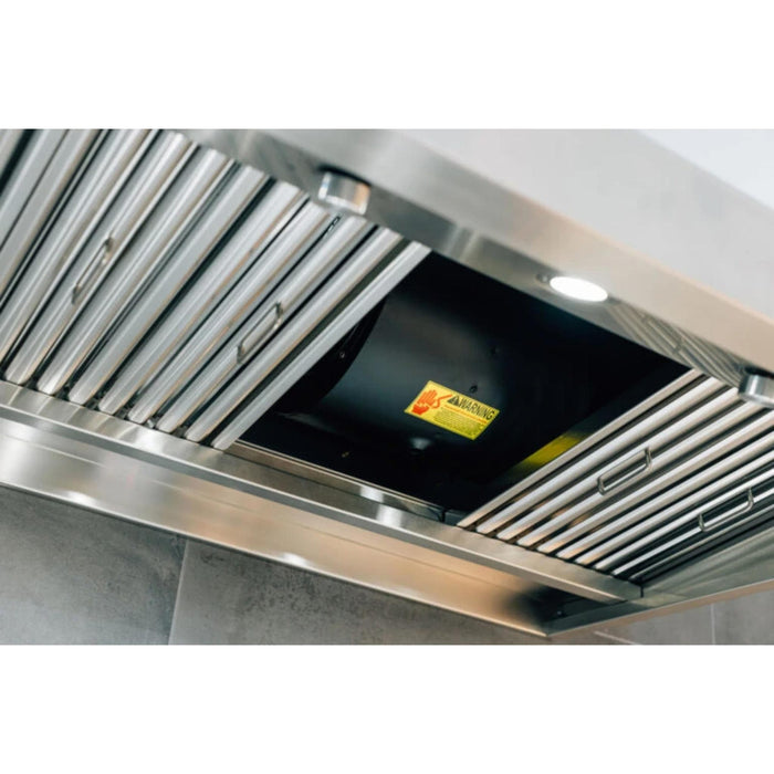 Summerset 48-Inch Outdoor Vent Hood with removable baffle filters showing internal blower and LED lighting