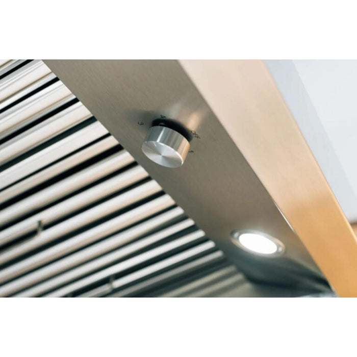Summerset 48-Inch Outdoor Vent Hood close-up showing fan speed control knob, LED light, and baffle filters