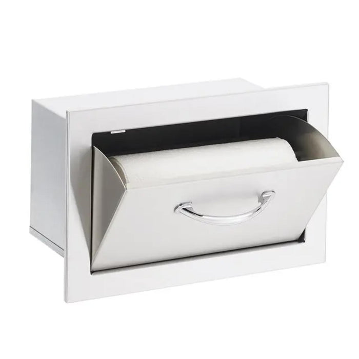 TrueFlame 17-inch stainless steel outdoor kitchen paper towel holder shown open with built-in roll storage and flip-out design.