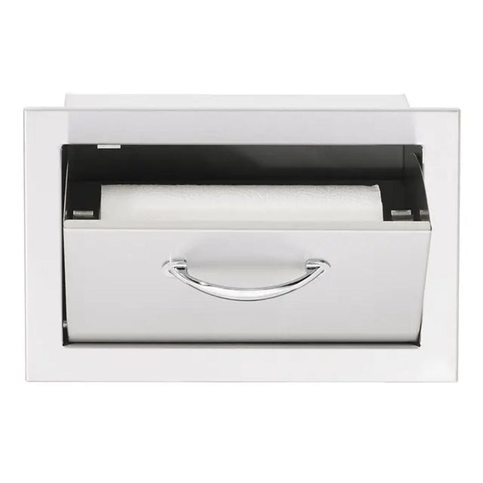 Front view of open TrueFlame 17-inch built-in paper towel holder with stainless steel frame and accessible paper towel storage.