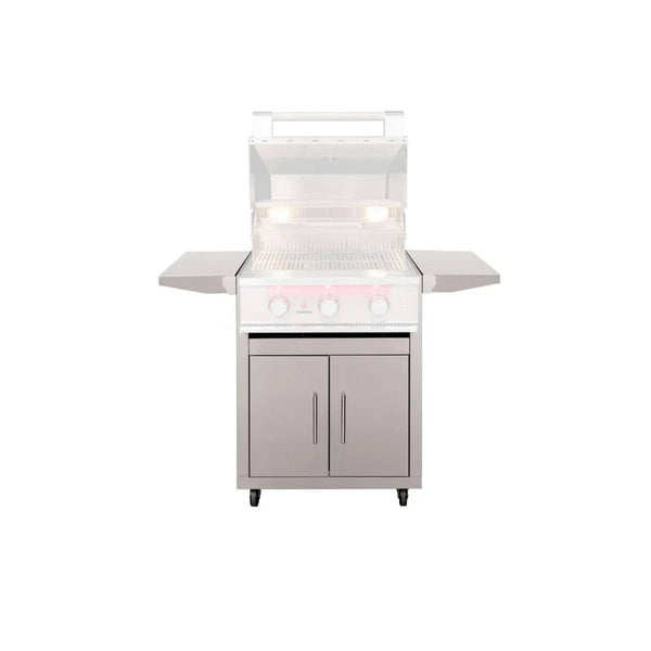 TrueFlame 25-inch deluxe stainless steel grill cart with fold-down side shelves and compatible grill shown with hood open.