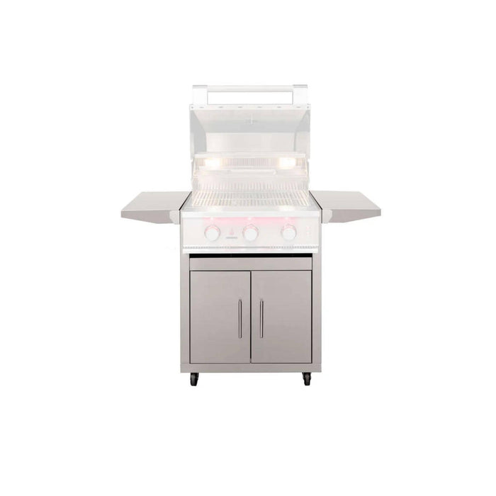 TrueFlame 25-inch deluxe stainless steel grill cart with fold-down side shelves and compatible grill shown with hood open.