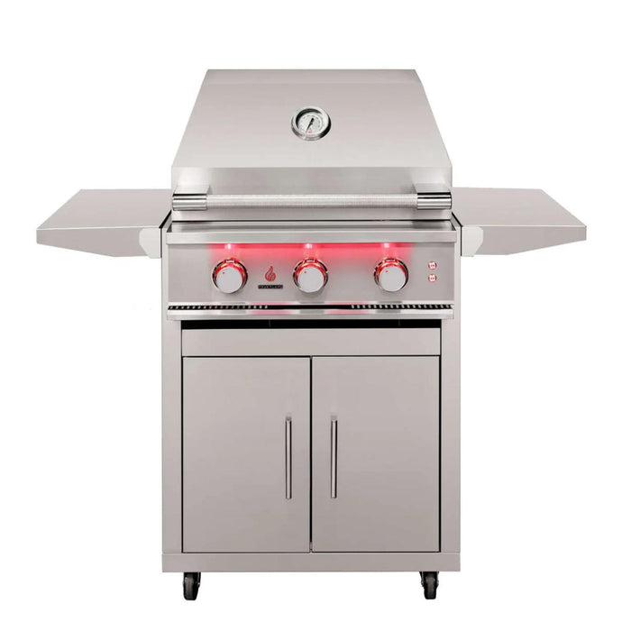 Front view of TrueFlame 25-inch deluxe grill cart with stainless steel doors, caster wheels, and dual fold-down side shelves.