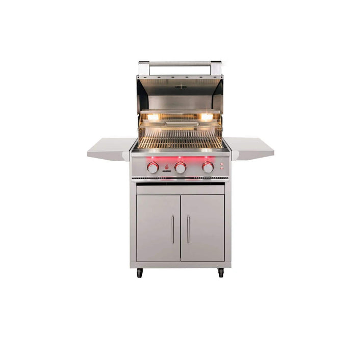 TrueFlame 25-inch stainless steel grill cart with fold-down side shelves and compatible grill shown open with interior cooking lights.