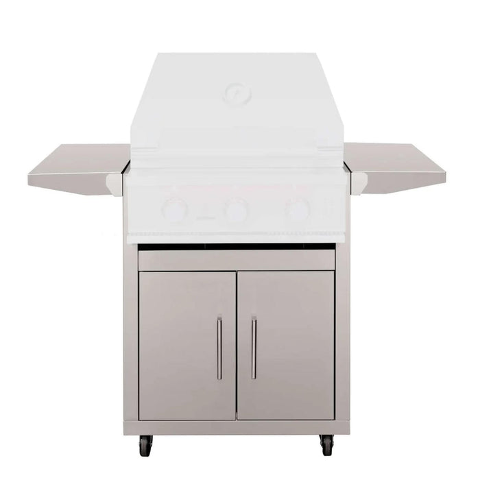 TrueFlame 25-inch deluxe stainless steel grill cart with double access doors, caster wheels, and fold-down side shelves.