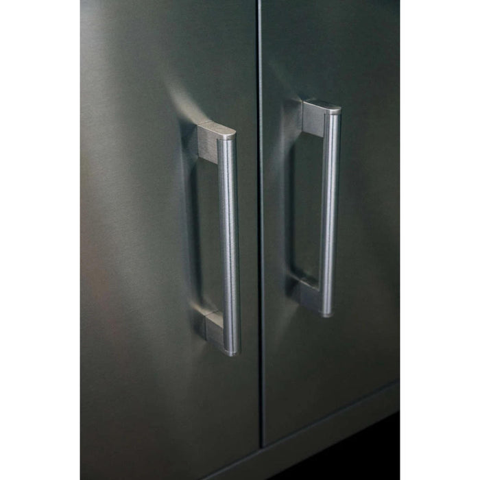 Close-up of stainless steel handles on the double access doors of a TrueFlame deluxe grill cart.