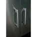 Close-up of stainless steel handles on the double access doors of a TrueFlame deluxe grill cart.