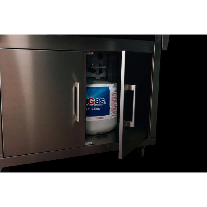 TrueFlame deluxe grill cart interior with access door open to show dedicated propane tank storage.