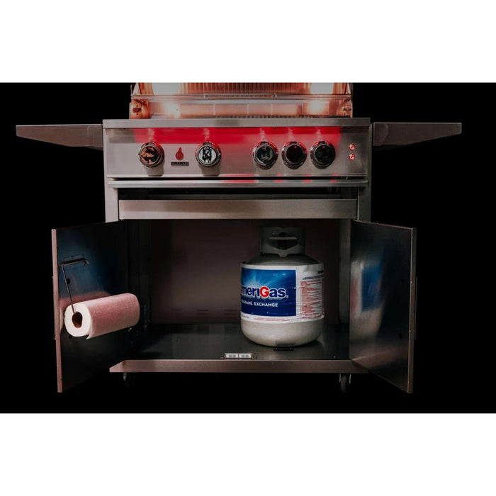 TrueFlame deluxe grill cart with both stainless steel access doors open, showing propane tank storage and interior paper towel holder.