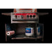 TrueFlame deluxe grill cart with both stainless steel access doors open, showing propane tank storage and interior paper towel holder.