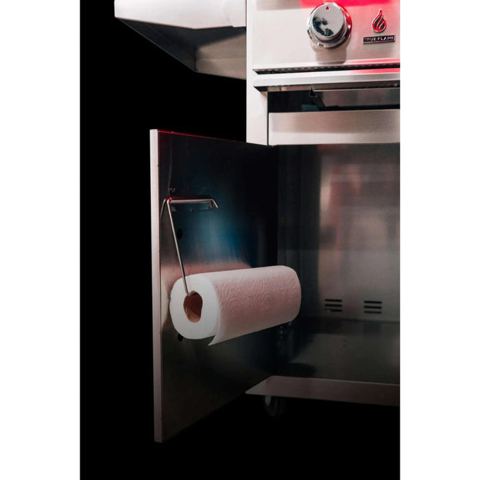 Close-up of integrated paper towel holder mounted inside the access door of a TrueFlame deluxe grill cart.