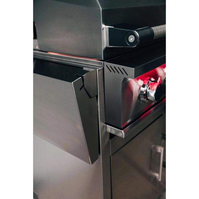 Close-up of TrueFlame deluxe grill cart showing stainless steel fold-down side shelf and mounting hardware.