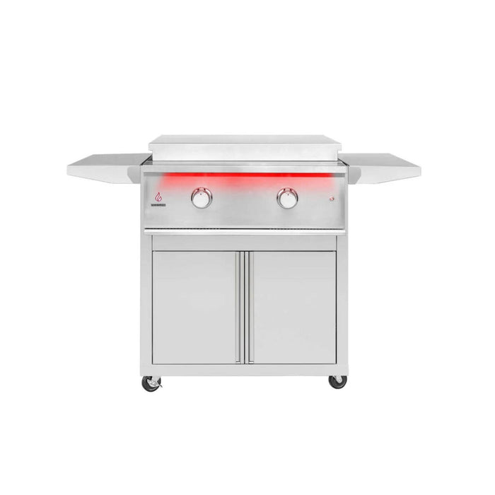 TrueFlame 30-inch griddle on stainless steel deluxe cart with lid closed, fold-down side shelves, storage doors, and casters.