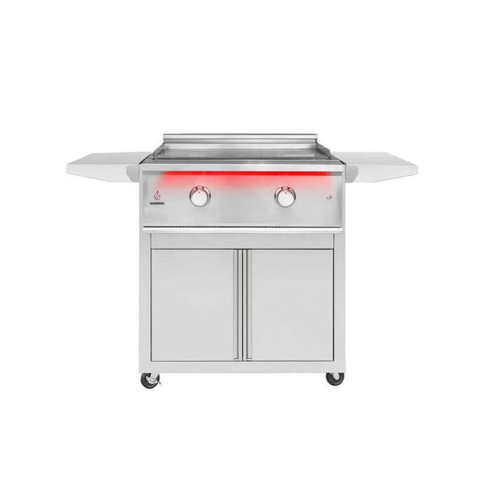 TrueFlame 30-inch griddle on deluxe stainless steel cart with cooking surface exposed, fold-down side shelves, storage doors, and casters.