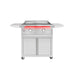 TrueFlame 30-inch griddle on deluxe stainless steel cart with cooking surface exposed, fold-down side shelves, storage doors, and casters.