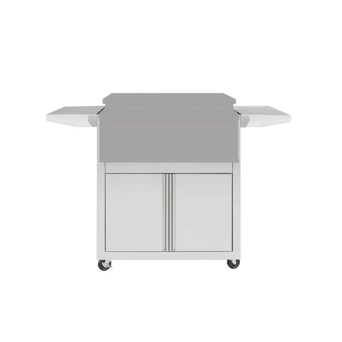 Rear view of TrueFlame 30-inch griddle on stainless steel deluxe cart with raised backsplash, fold-down side shelves, storage cabinet, and casters.