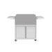 Rear view of TrueFlame 30-inch griddle on stainless steel deluxe cart with raised backsplash, fold-down side shelves, storage cabinet, and casters.
