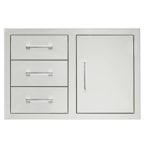 TrueFlame 33-inch stainless steel outdoor kitchen storage combo with three drawers and access door with hingeless design.