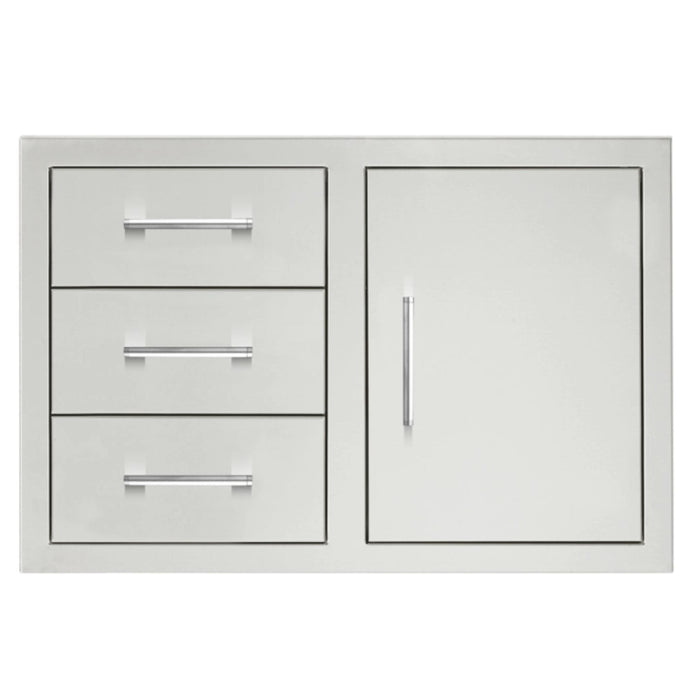 TrueFlame 33-inch stainless steel outdoor kitchen storage combo with three drawers and access door with hingeless design.
