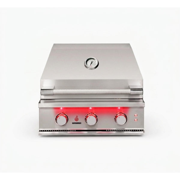 TrueFlame 25-inch 3-burner built-in gas grill with stainless steel hood, illuminated LED control knobs, and integrated thermometer.