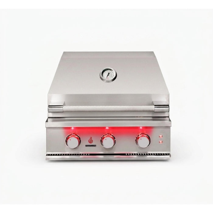 TrueFlame 25-inch 3-burner built-in gas grill with stainless steel hood, illuminated LED control knobs, and integrated thermometer.