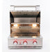 TrueFlame 25-inch built-in gas grill with hood open, showing stainless steel cooking grates, warming rack, removable cooking tray, and interior halogen lights.