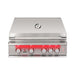 TrueFlame 32-inch built-in gas grill with stainless steel hood, temperature gauge, five control knobs, and red LED lighting.