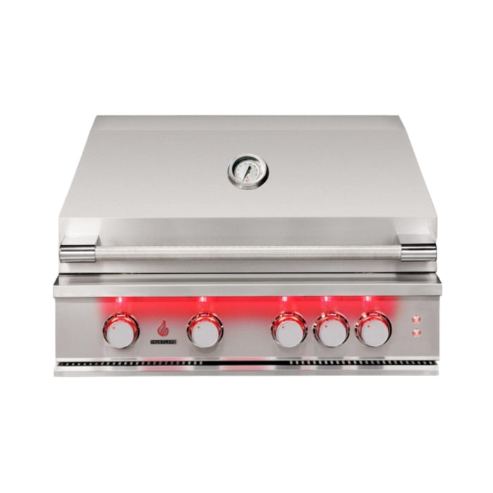TrueFlame 40-inch 5-burner built-in gas grill with stainless steel construction, temperature gauge, hood handle, and illuminated LED control knobs.