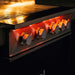 TrueFlame 40-inch 5-burner built-in gas grill with open hood, illuminated cooking surface, and red LED control panel lighting.