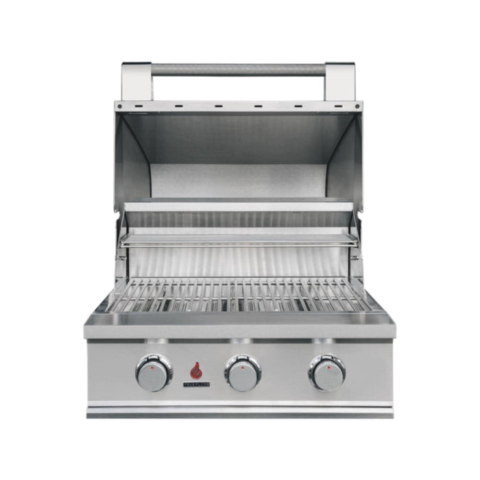 TrueFlame 25" E-Series built-in gas grill with open hood showing stainless steel cooking grates and warming rack.