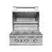 TrueFlame 25" E-Series built-in gas grill with open hood showing stainless steel cooking grates and warming rack.