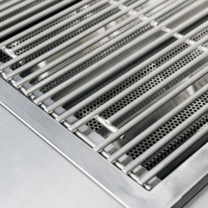 Close-up of the TrueFlame E-Series built-in gas grill 8mm round stainless steel cooking grates.