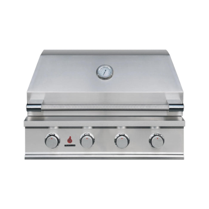 TrueFlame 32-inch E-Series 4-burner built-in gas grill with stainless steel hood, temperature gauge, and four control knobs