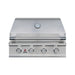 TrueFlame 32-inch E-Series 4-burner built-in gas grill with stainless steel hood, temperature gauge, and four control knobs