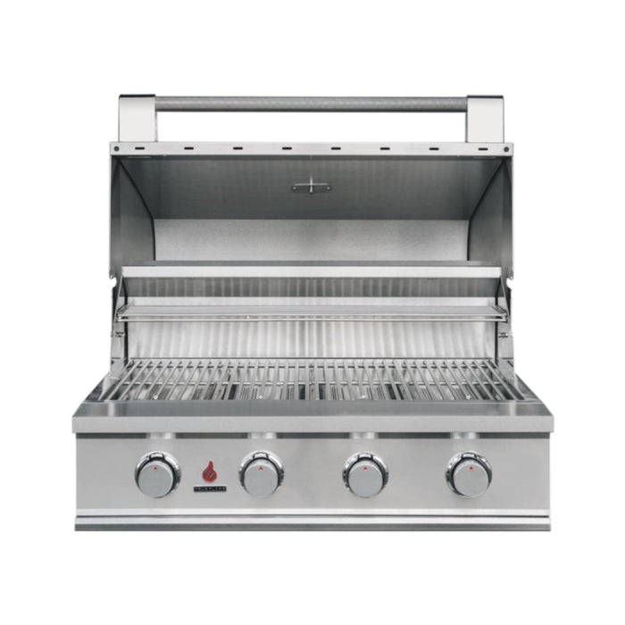 TrueFlame 32-inch E-Series built-in gas grill with open hood showing stainless steel cooking grates and warming rack