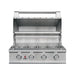 TrueFlame 32-inch E-Series built-in gas grill with open hood showing stainless steel cooking grates and warming rack