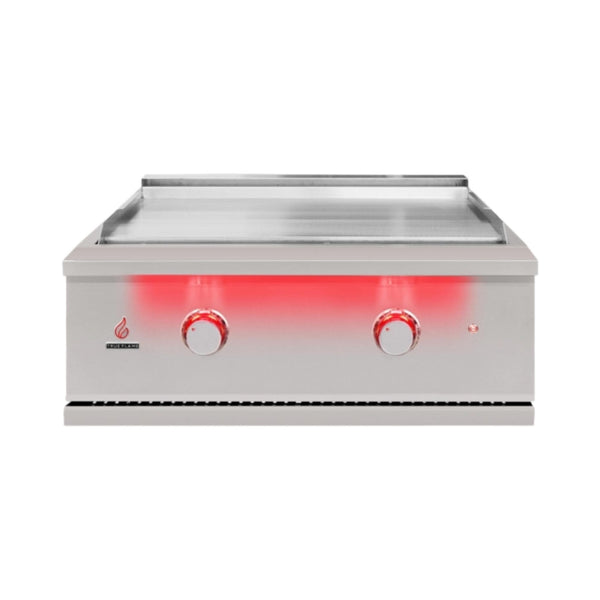 TrueFlame 30-inch built-in gas griddle with stainless steel cooking surface and illuminated LED control knobs