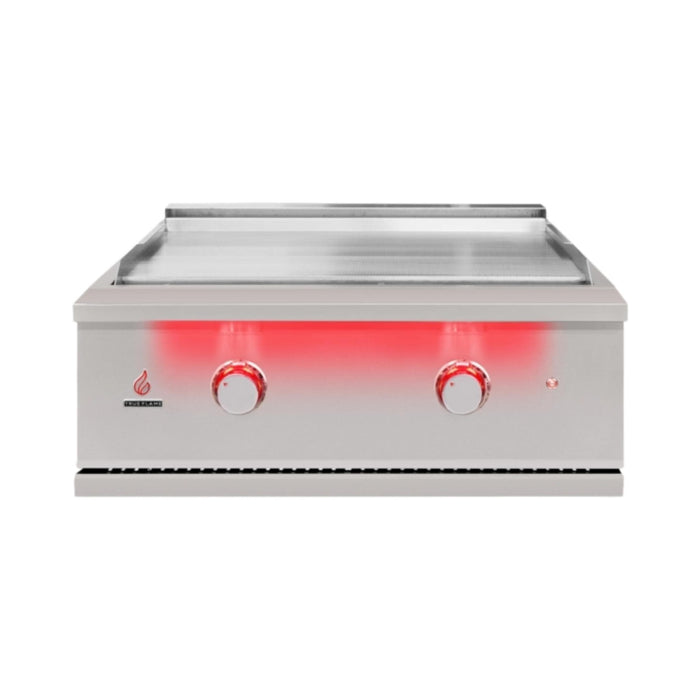 TrueFlame 30-inch built-in gas griddle with stainless steel cooking surface and illuminated LED control knobs