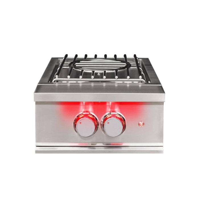 TrueFlame built-in power burner with stainless steel construction, removable wok grate, and red LED illuminated controls.