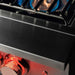 Detail view of the TrueFlame built-in power burner showing stainless steel construction, cooking grate, and illuminated control knob.