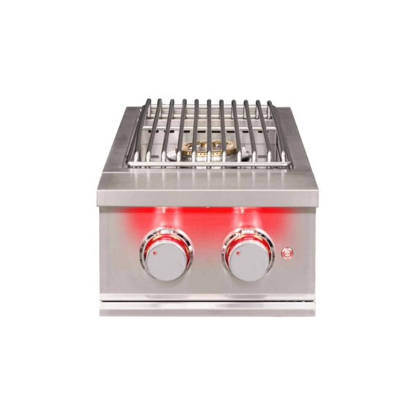 TrueFlame Double Side Burner with stainless steel construction, dual control knobs, cooking grate, and LED lighting