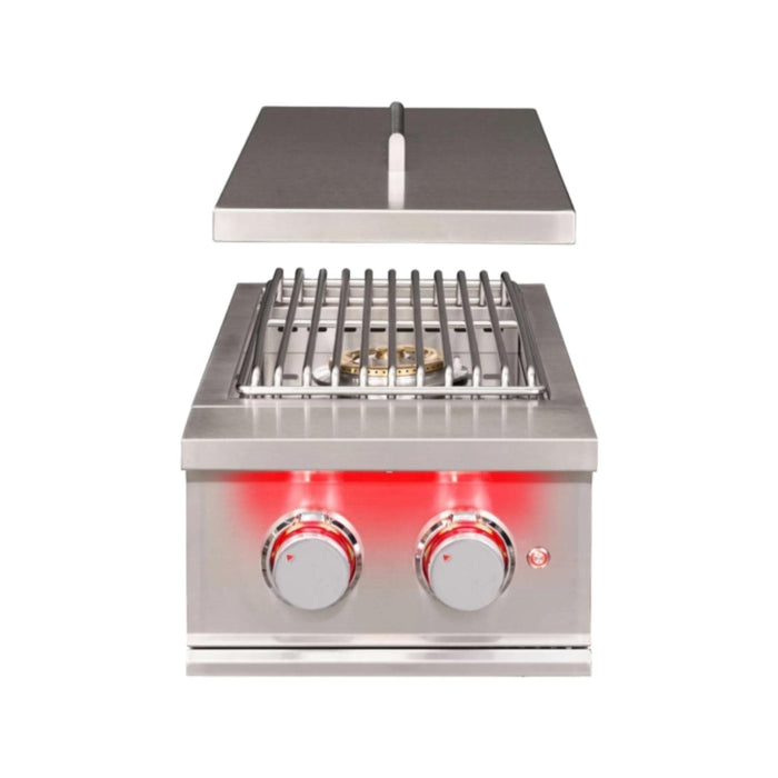 TrueFlame Double Side Burner with removable stainless steel lid raised above the dual-burner cooking surface