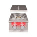 TrueFlame Double Side Burner with removable stainless steel lid raised above the dual-burner cooking surface