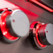 Close-up of TrueFlame Double Side Burner control knobs with red LED illumination