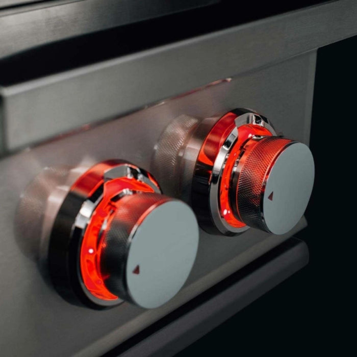 TrueFlame Double Side Burner illuminated control knobs on stainless steel front panel