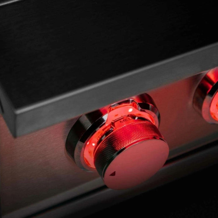 Close-up of TrueFlame Double Side Burner control knob with red LED lighting