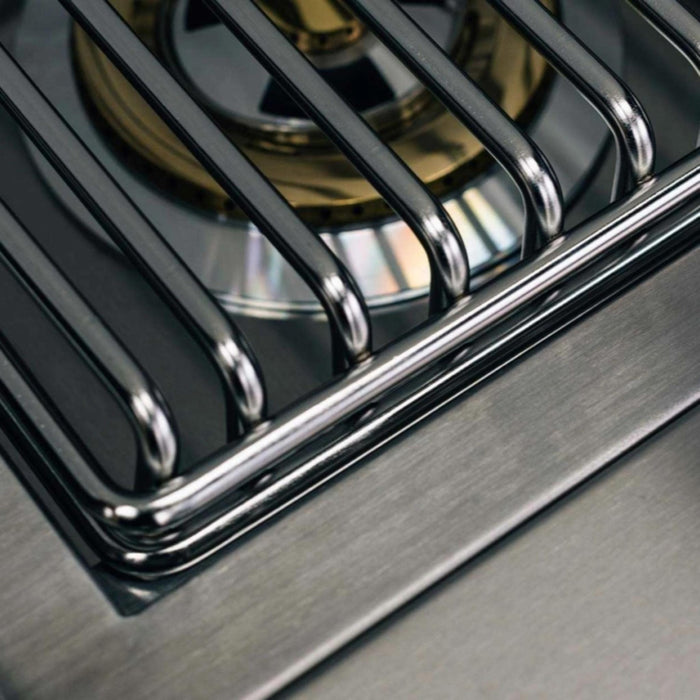 Close-up of TrueFlame Double Side Burner stainless steel cooking grate and brass-plated ring burner