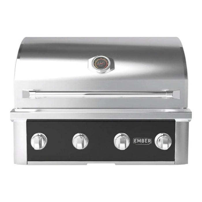 Wildfire Ember 32-inch built-in gas grill in black stainless steel with four control knobs and hood-mounted temperature gauge