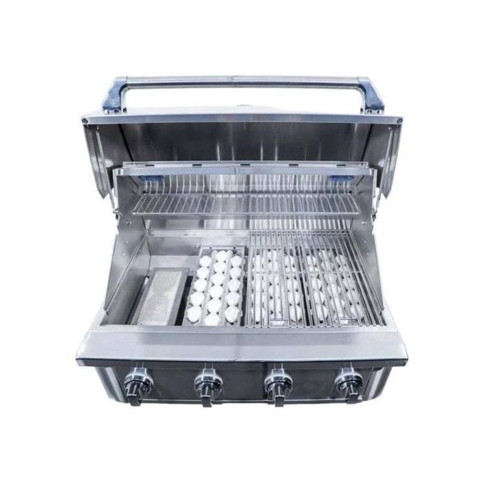 Wildfire Ember 32-inch built-in gas grill open view showing stainless steel cooking grates, warming rack, infrared sear burner, and ceramic briquettes