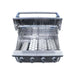 Wildfire Ember 32-inch built-in gas grill open view showing stainless steel cooking grates, warming rack, infrared sear burner, and ceramic briquettes
